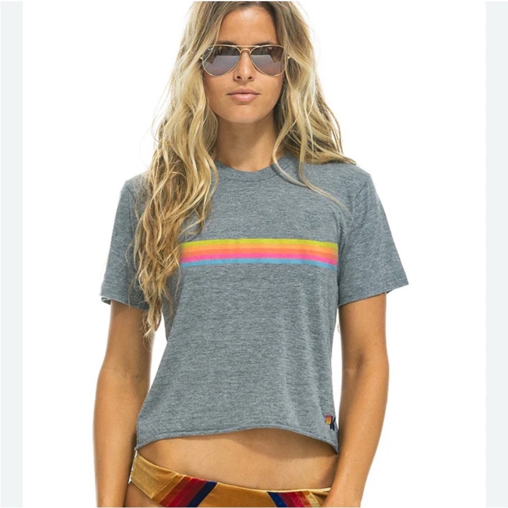 Aviator Nation Sunset Boyfriend Rainbow cropped tee t-shirt Medium DISCONTINUED